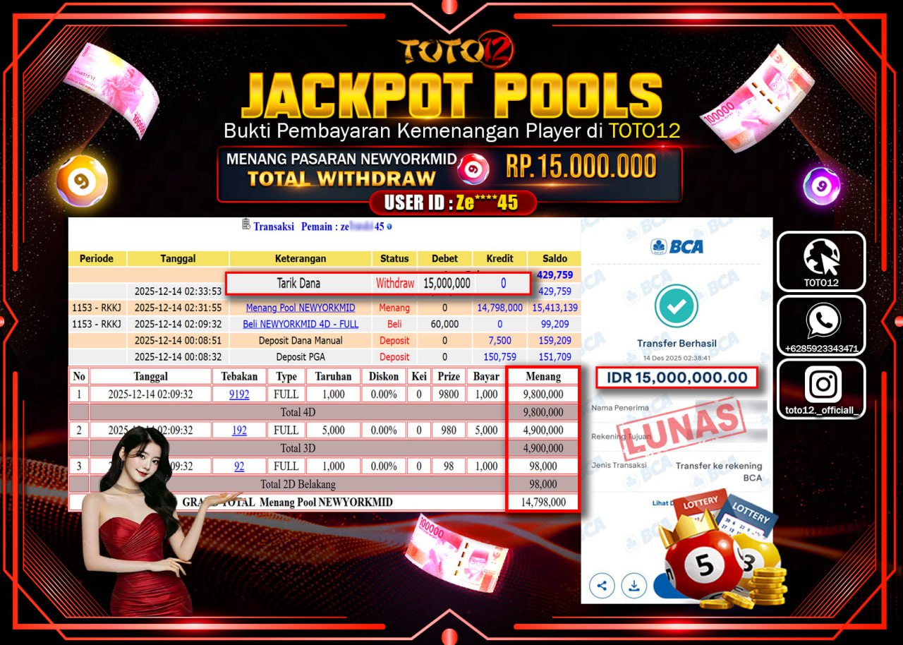 HANYA DI TOTO12 JP PASTI DI BAYAR LUNAS DAN CEPAT!!!!!! JACKPOT POOLS PASARAN (NEWYORK) Rp.15.000.000 !!!!