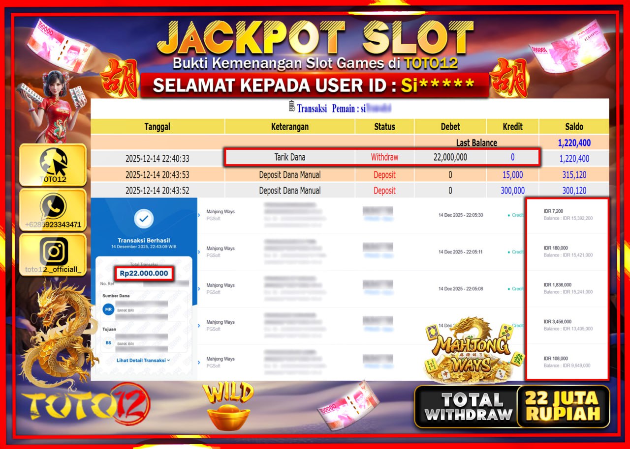 HANYA DI TOTO12 JP PASTI DI BAYAR LUNAS DAN CEPAT!!!!!! JACKPOT SLOT GAME (MAHJONG WAYS) Rp.22.000.000 !!!!