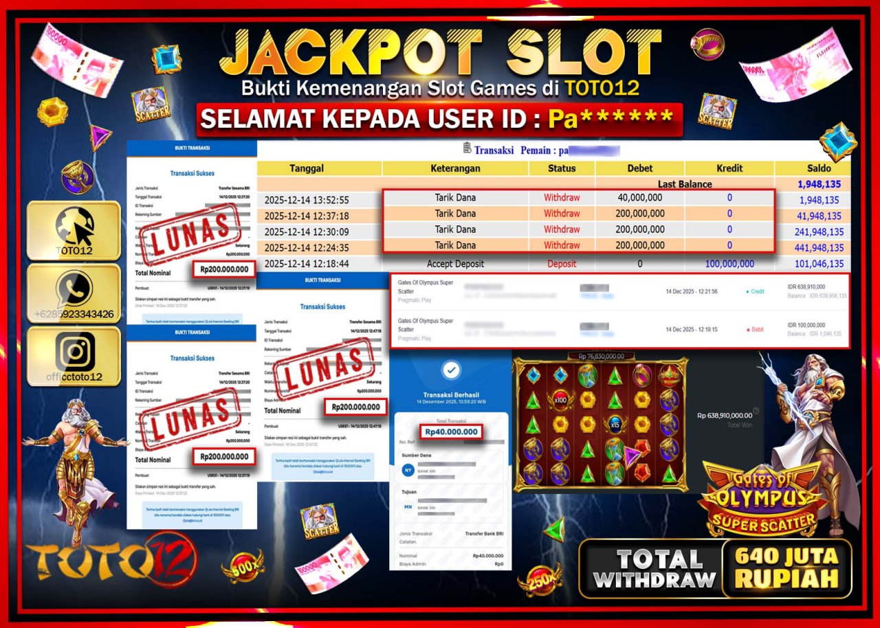 HANYA DI TOTO12 JP PASTI DI BAYAR LUNAS DAN CEPAT!!!!!! JACKPOT SLOT GAME (GATES OF OLYMPUS SUPER SCATTER) Rp.640.000.000 !!!!