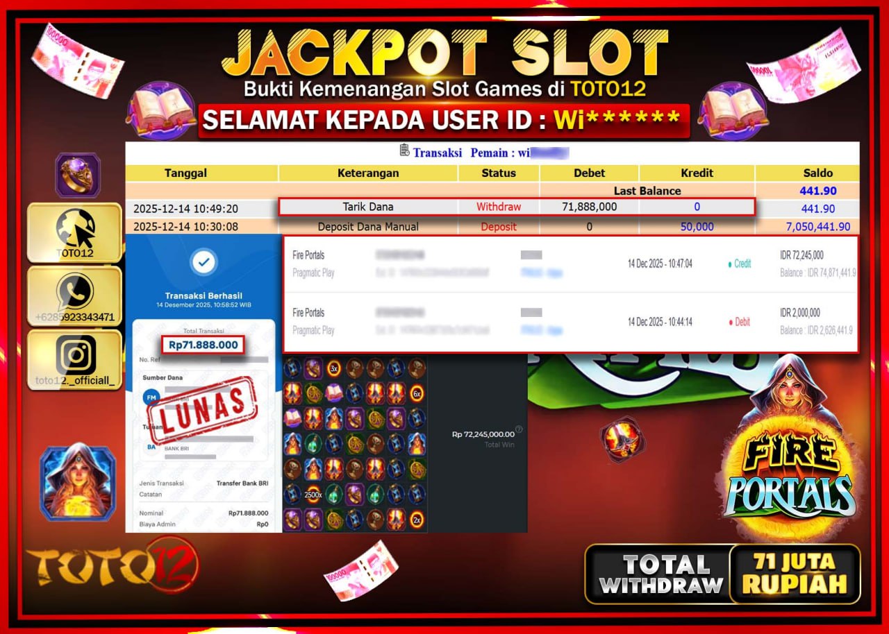 HANYA DI TOTO12 JP PASTI DI BAYAR LUNAS DAN CEPAT!!!!!! JACKPOT SLOT GAME (FIRE PORTALS) Rp.71.888.000 !!!!