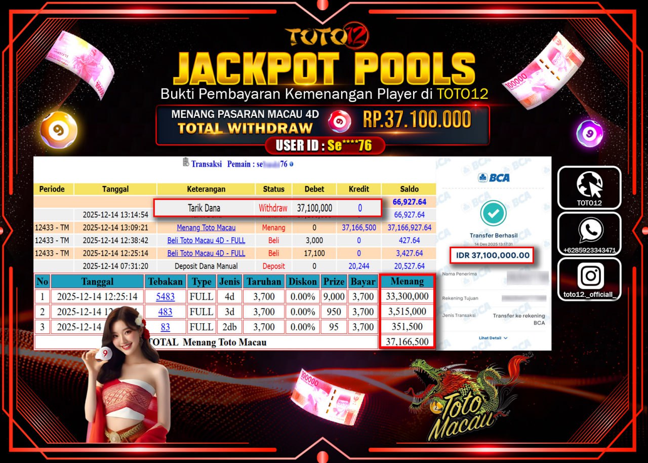HANYA DI TOTO12 JP PASTI DI BAYAR LUNAS DAN CEPAT!!!!!! JACKPOT POOLS PASARAN (MACAU 4D) Rp.37.100.000 !!!!