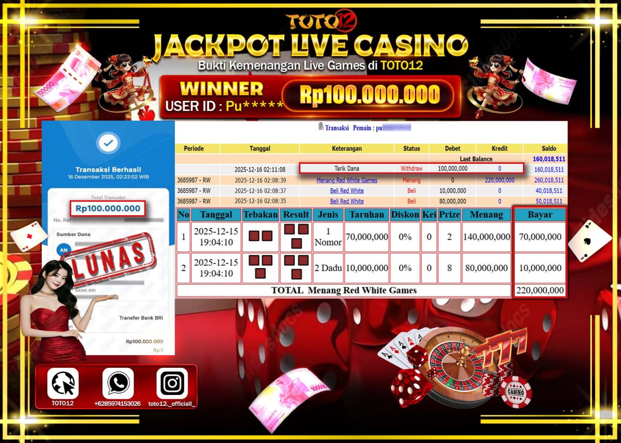 HANYA DI TOTO12 JP PASTI DI BAYAR LUNAS DAN CEPAT!!!!!! JACKPOT LIVE CASINO (RED WHITE) Rp.100.000.000 !!!!