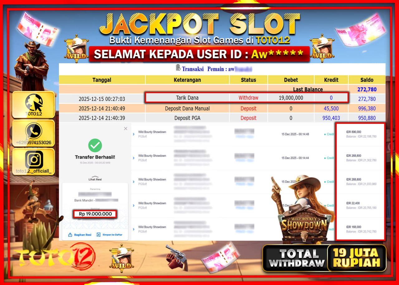 HANYA DI TOTO12 JP PASTI DI BAYAR LUNAS DAN CEPAT!!!!!! JACKPOT SLOT GAME (WILD BOUNTY SHOWDOWN) Rp.19.000.000 !!!!