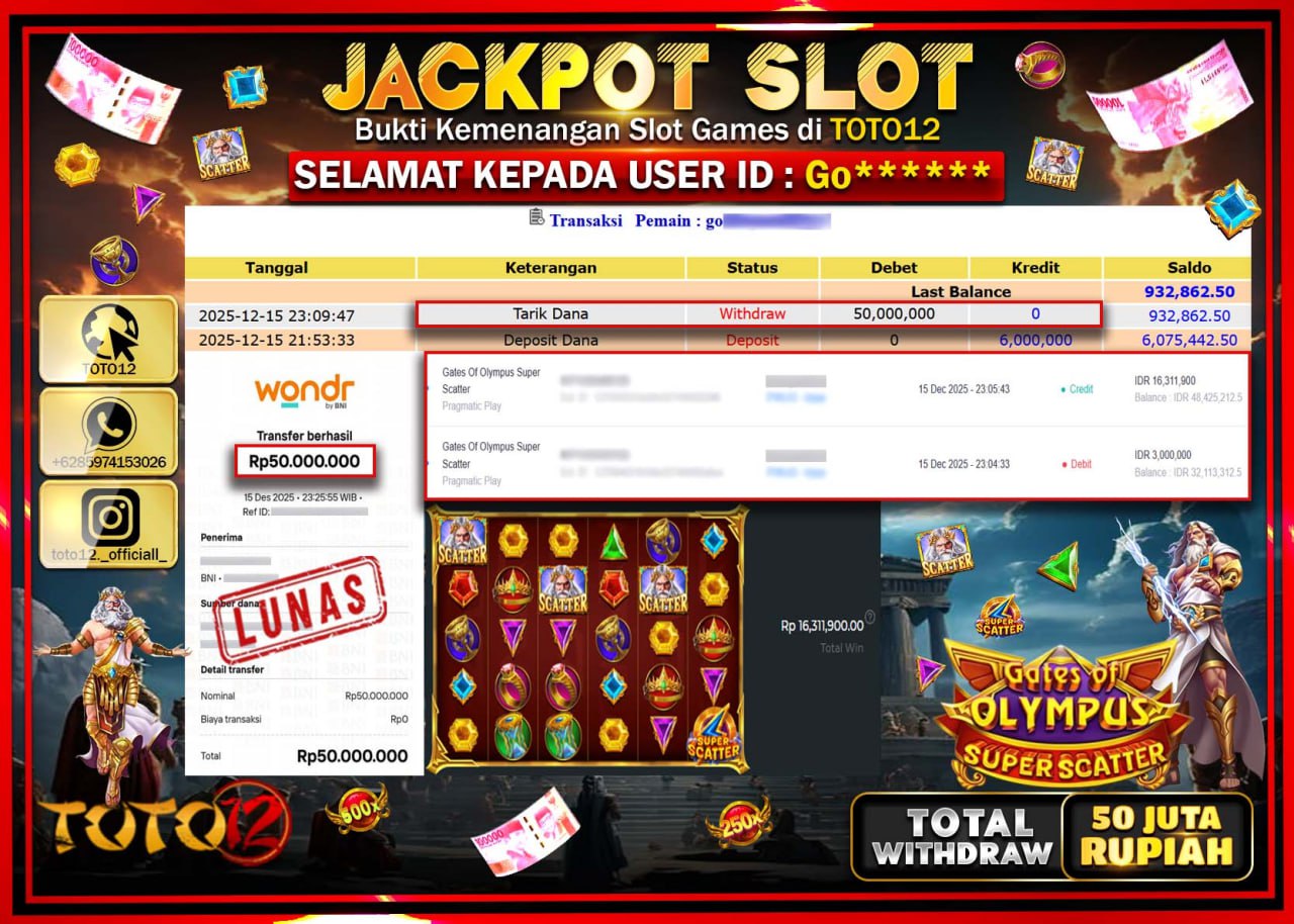 HANYA DI TOTO12 JP PASTI DI BAYAR LUNAS DAN CEPAT!!!!!! JACKPOT SLOT GAME (GATES OF OLYMPUS SUPER SCATTER) Rp.50.000.000 !!!!
