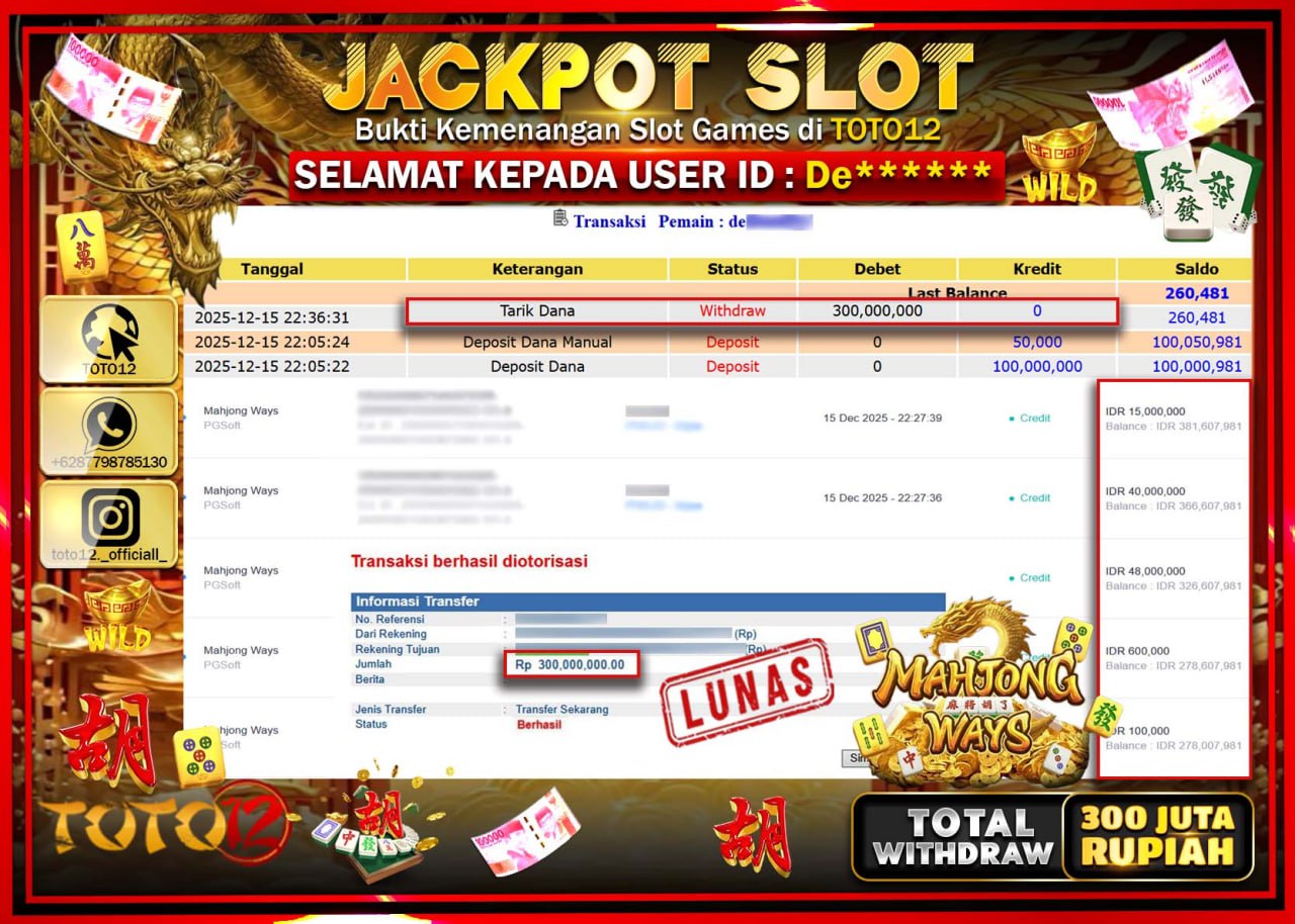 HANYA DI TOTO12 JP PASTI DI BAYAR LUNAS DAN CEPAT!!!!!! JACKPOT SLOT GAME (MAHJONG WAYS) Rp.300.000.000 !!!!