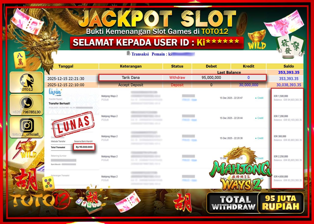 HANYA DI TOTO12 JP PASTI DI BAYAR LUNAS DAN CEPAT!!!!!! JACKPOT SLOT GAME (MAHJONG WAYS 2) Rp.95.000.000 !!!!