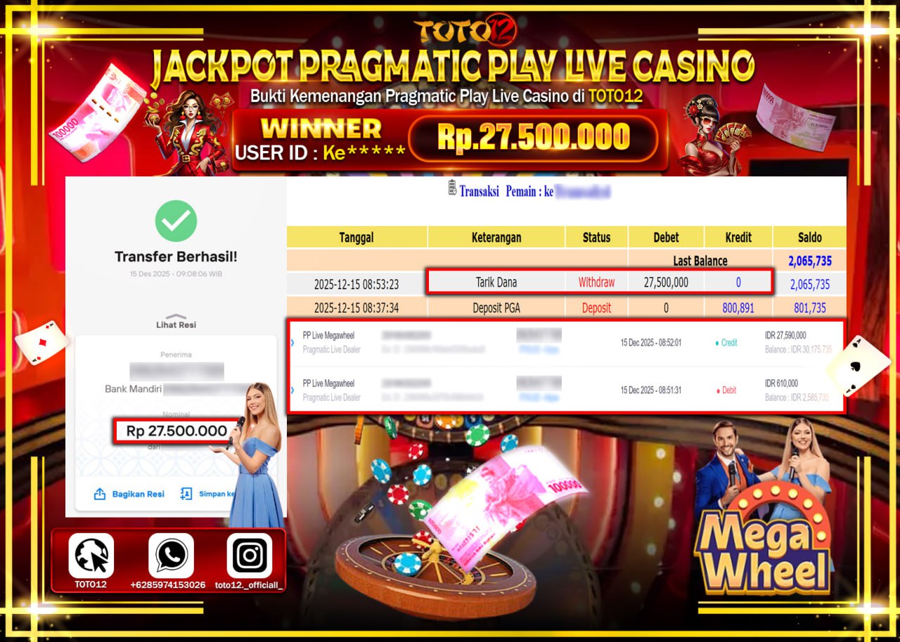 HANYA DI TOTO12 JP PASTI DI BAYAR LUNAS DAN CEPAT!!!!!! JACKPOT PRAGMATIC PLAY LIVE CASINO (MEGA WHEEL) Rp.27.500.000 !!!!