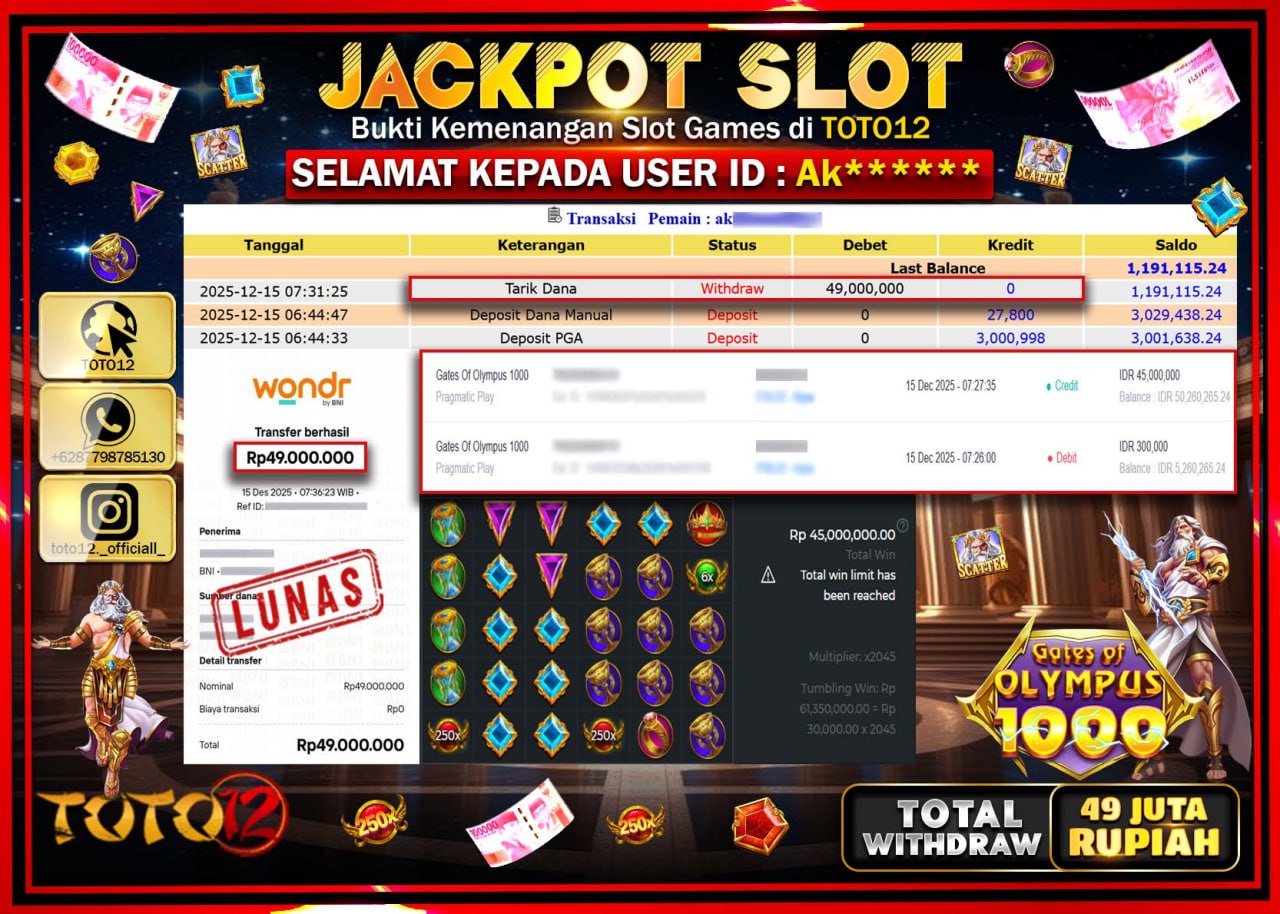 HANYA DI TOTO12 JP PASTI DI BAYAR LUNAS DAN CEPAT!!!!!! JACKPOT SLOT GAME (GATES OF OLYMPUS 1000) Rp.49.000.000 !!!!