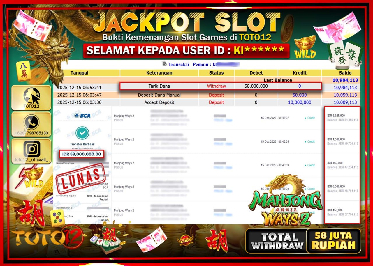 HANYA DI TOTO12 JP PASTI DI BAYAR LUNAS DAN CEPAT!!!!!! JACKPOT SLOT GAME (MAHJONG WAYS 2) Rp.58.000.000 !!!!