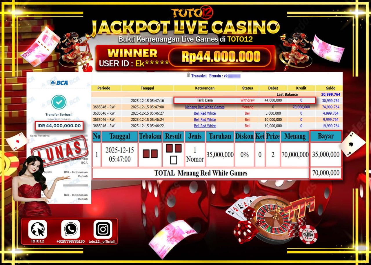 HANYA DI TOTO12 JP PASTI DI BAYAR LUNAS DAN CEPAT!!!!!! JACKPOT LIVE CASINO (RED WHITE) Rp.44.000.000 !!!!