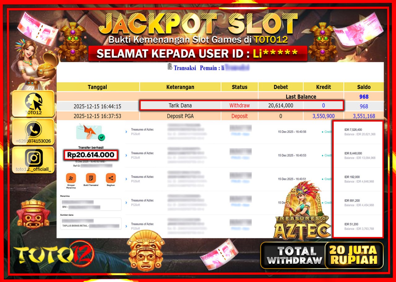 HANYA DI TOTO12 JP PASTI DI BAYAR LUNAS DAN CEPAT!!!!!! JACKPOT SLOT GAME (TREASURES OF AZTEC) Rp.20.614.000 !!!!