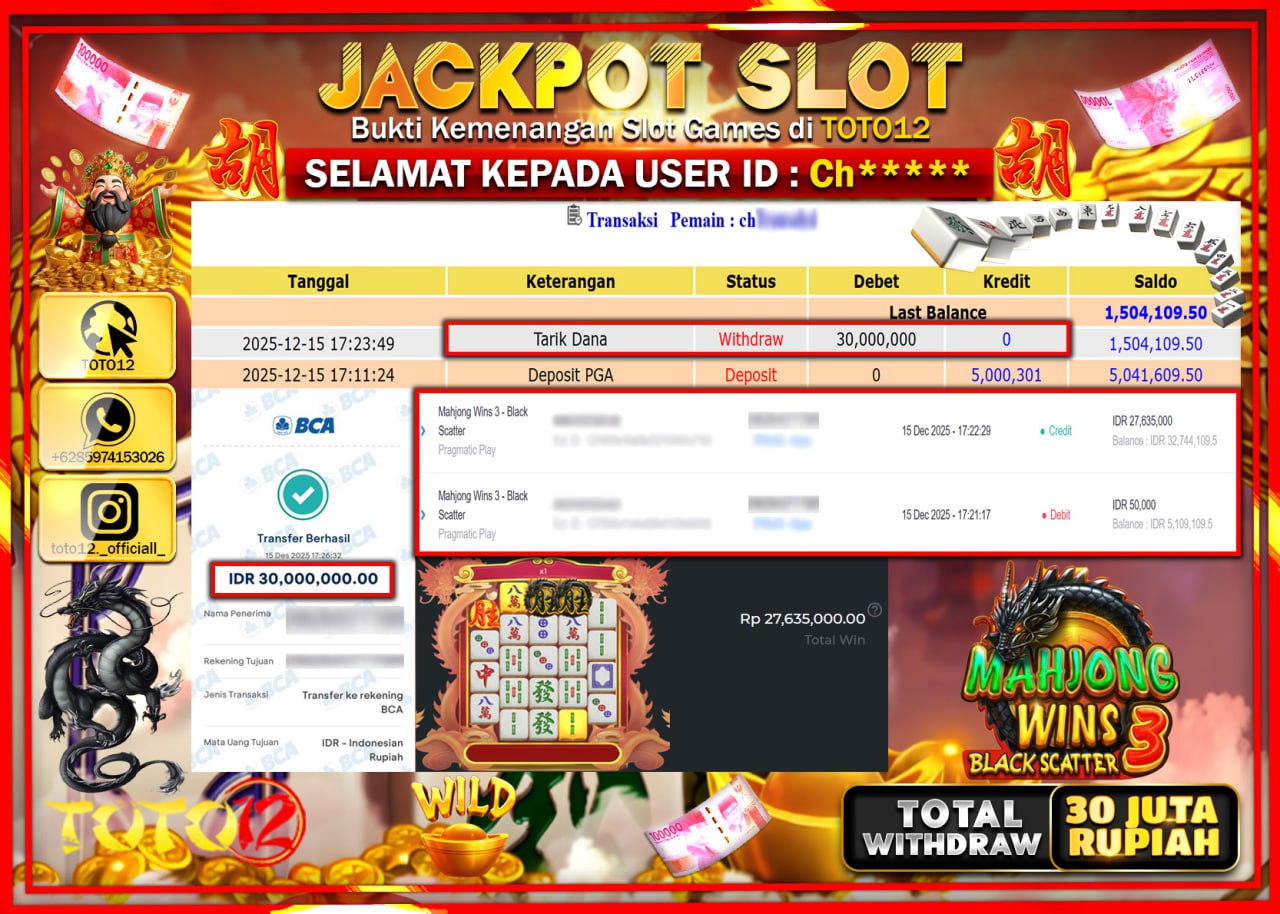 HANYA DI TOTO12 JP PASTI DI BAYAR LUNAS DAN CEPAT!!!!!! JACKPOT SLOT GAME (MAHJONG WINS 3 BLACK SCATTER) Rp.30.000.000 !!!!