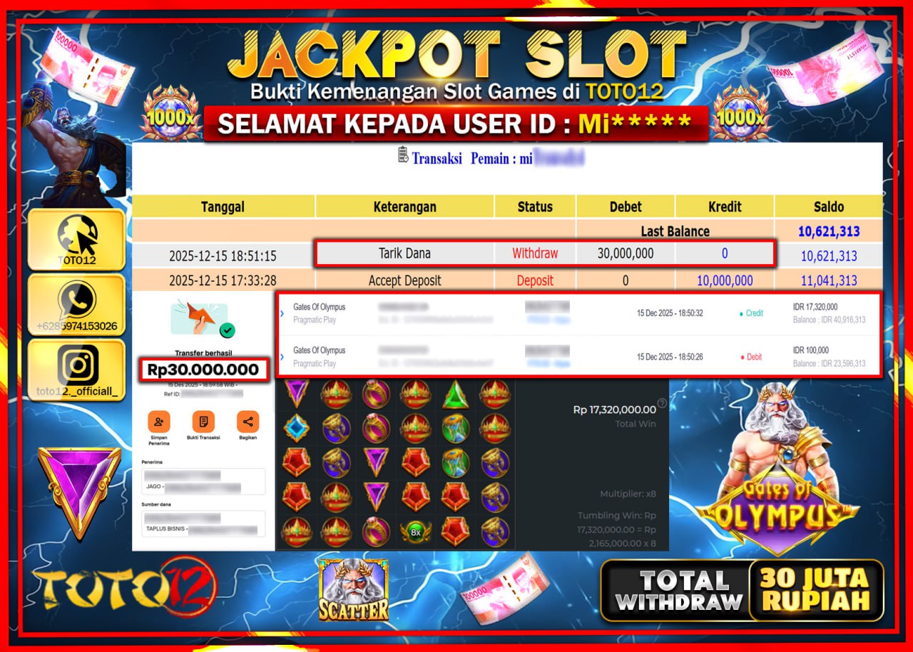 HANYA DI TOTO12 JP PASTI DI BAYAR LUNAS DAN CEPAT!!!!!! JACKPOT SLOT GAME (GATES OF OLYMPUS) Rp.30.000.000 !!!!