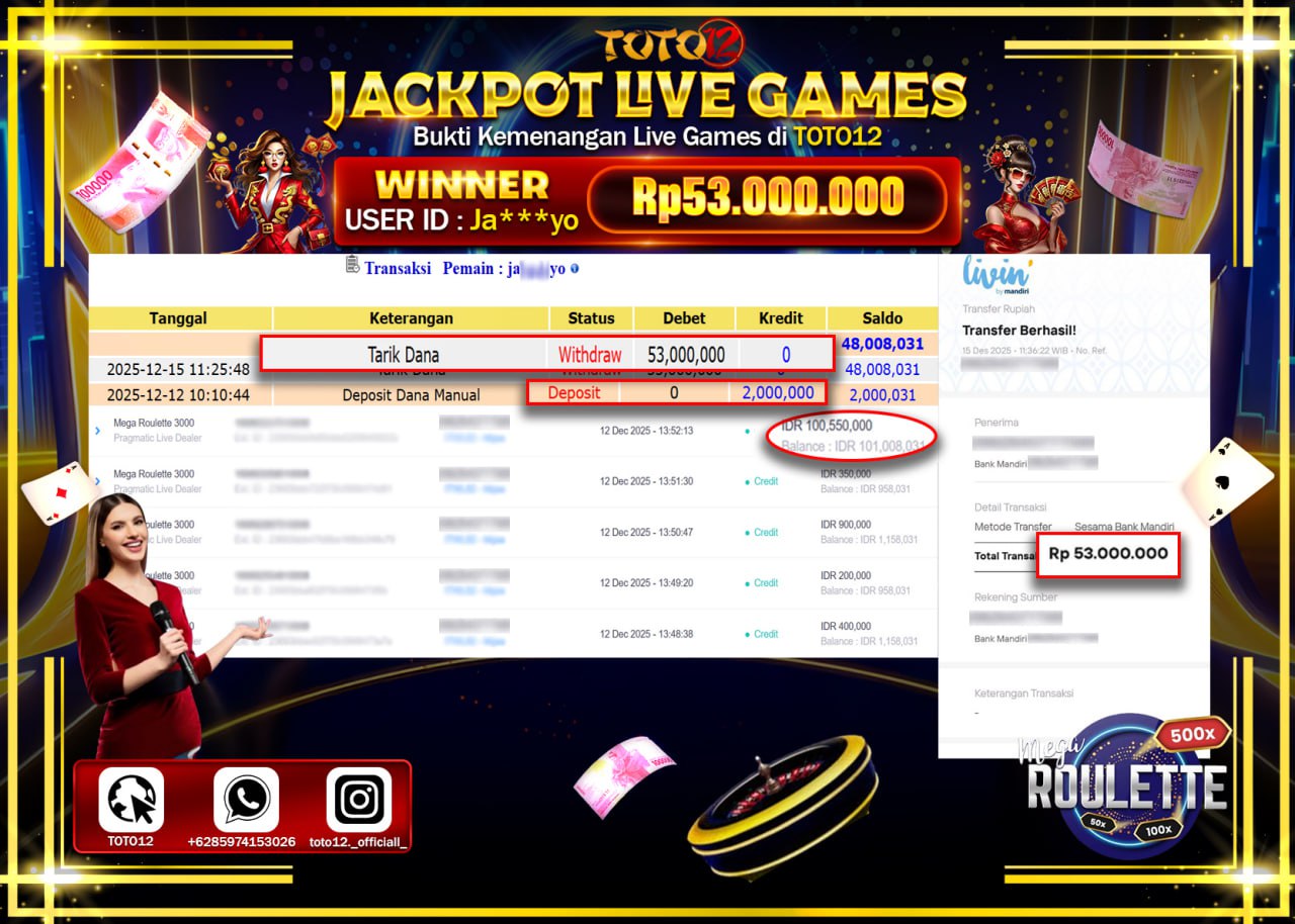HANYA DI TOTO12 JP PASTI DI BAYAR LUNAS DAN CEPAT!!!!!! JACKPOT LIVE GAMES (ROULETTE) Rp.53.000.000 !!!!