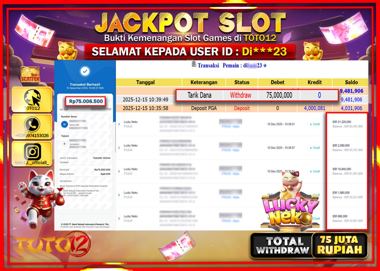 HANYA DI TOTO12 JP PASTI DI BAYAR LUNAS DAN CEPAT!!!!!! JACKPOT SLOT GAME (LUCKY NEKO) Rp.75.000.000 !!!!