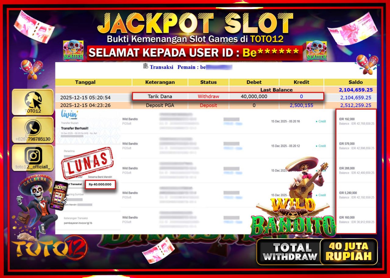 HANYA DI TOTO12 JP PASTI DI BAYAR LUNAS DAN CEPAT!!!!!! JACKPOT SLOT GAME (WILD BANDITO) Rp.40.000.000 !!!!