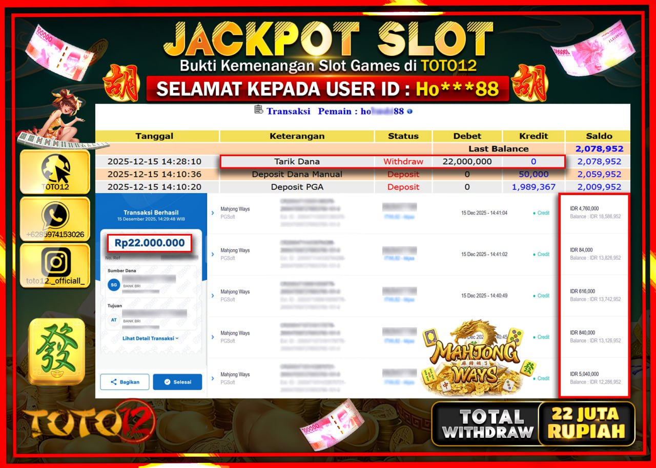 HANYA DI TOTO12 JP PASTI DI BAYAR LUNAS DAN CEPAT!!!!!! JACKPOT SLOT GAME (MAHJONG WAYS) Rp.22.000.000 !!!!