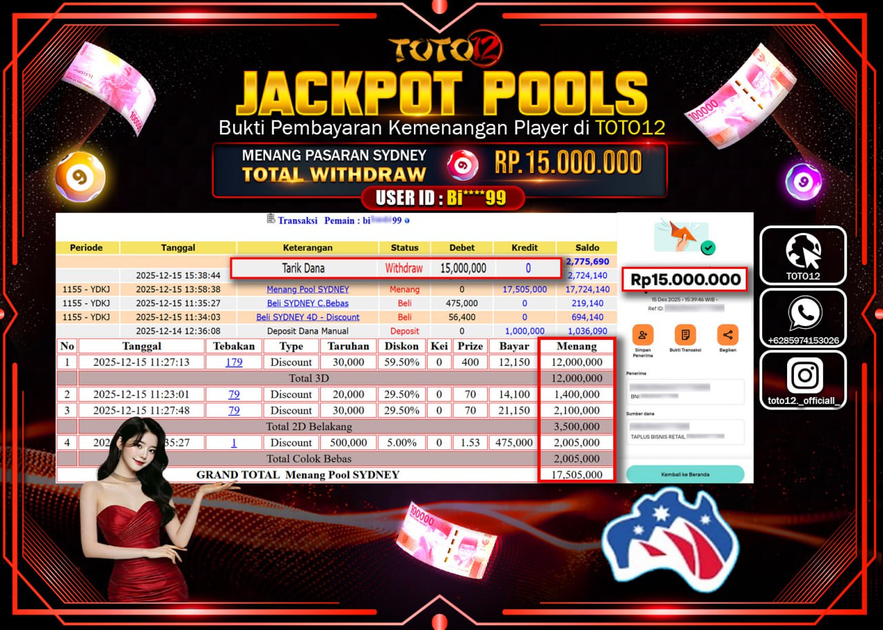 HANYA DI TOTO12 JP PASTI DI BAYAR LUNAS DAN CEPAT!!!!!! JACKPOT POOLS PASARAN (SYDNEY) Rp.15.000.000 !!!!