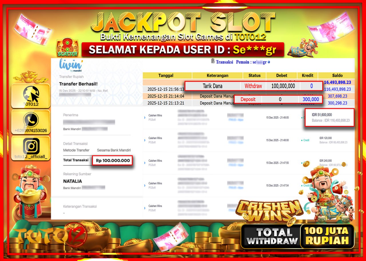 HANYA DI TOTO12 JP PASTI DI BAYAR LUNAS DAN CEPAT!!!!!! JACKPOT SLOT GAME (CAISHEN WINS) Rp.100.000.000 !!!!
