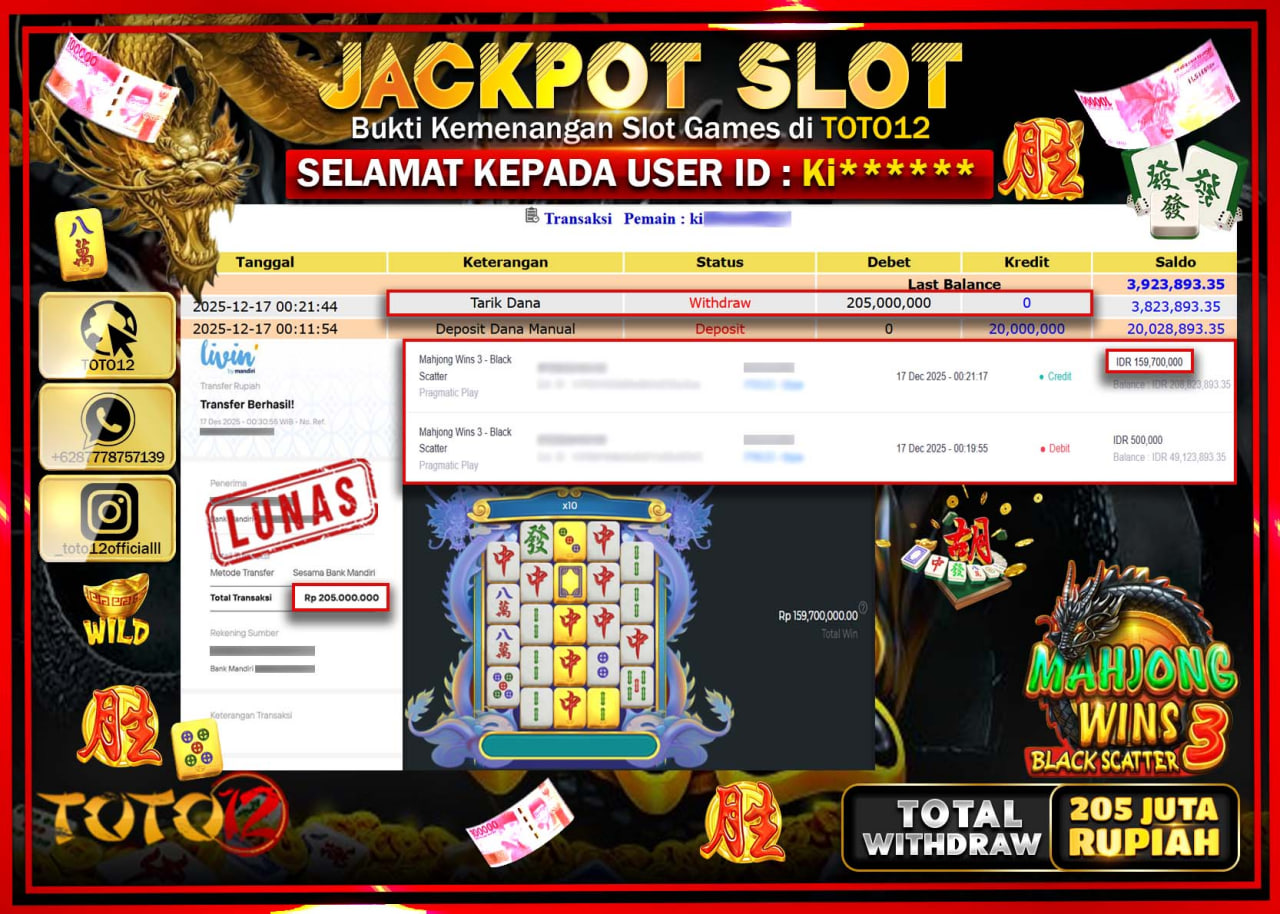 HANYA DI TOTO12 JP PASTI DI BAYAR LUNAS DAN CEPAT!!!!!! JACKPOT SLOT GAME (MAHJONG WINS 3 BLACK SCATTER) Rp.205.000.000 !!!!