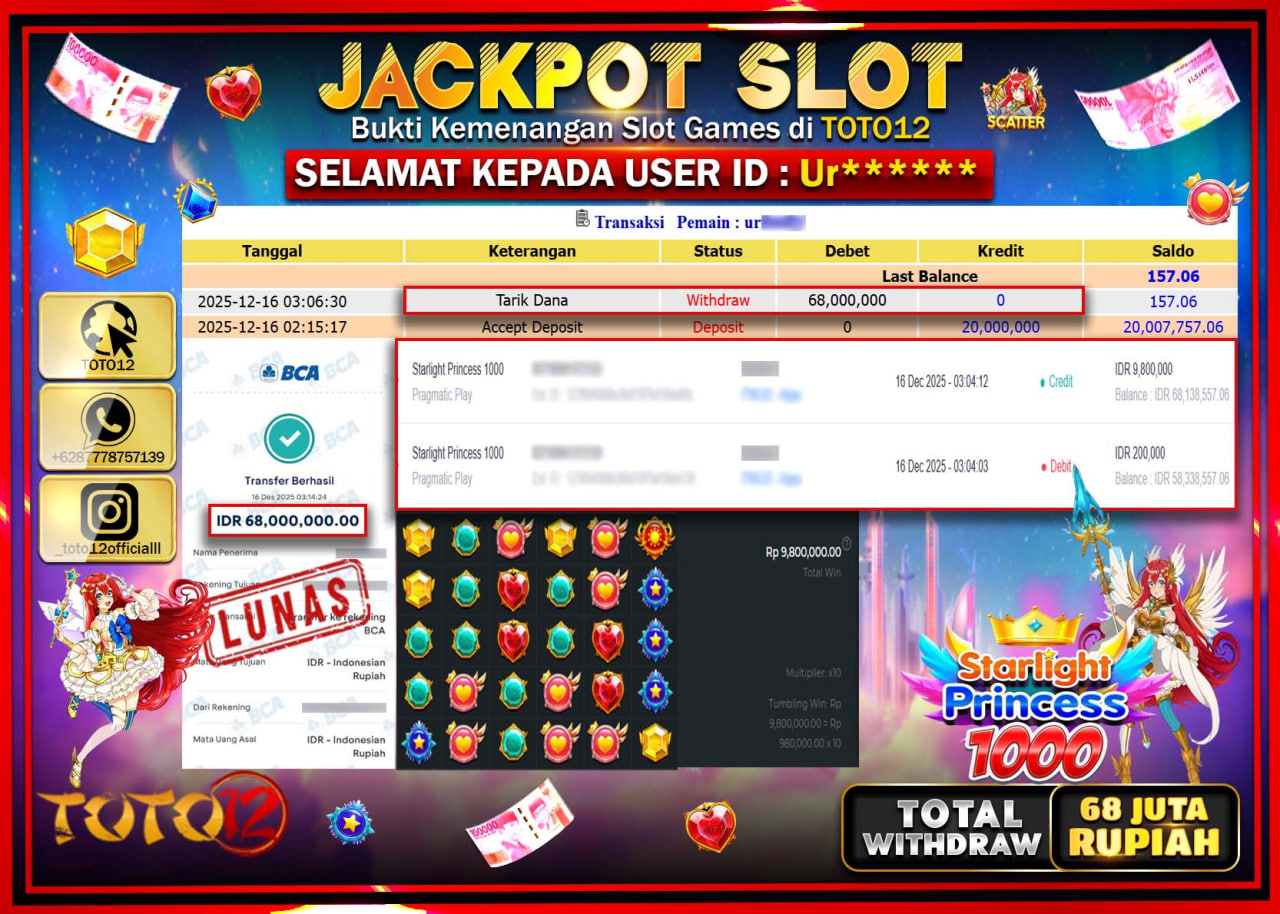 HANYA DI TOTO12 JP PASTI DI BAYAR LUNAS DAN CEPAT!!!!!! JACKPOT SLOT GAME (STARLIGHT PRINCESS 1000) Rp.68.000.000 !!!!