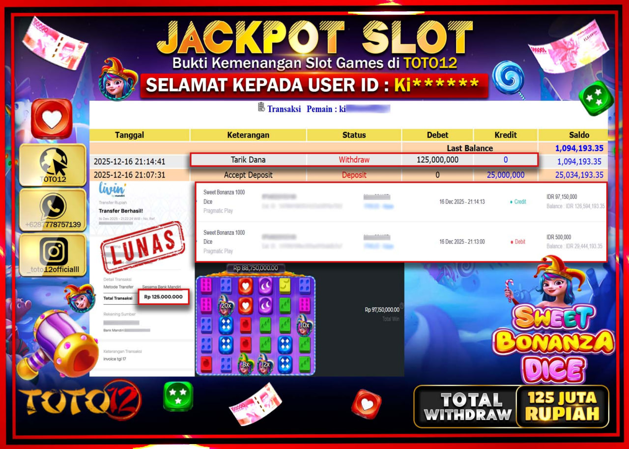 HANYA DI TOTO12 JP PASTI DI BAYAR LUNAS DAN CEPAT!!!!!! JACKPOT SLOT GAME (SWEET BONANZA DICE) Rp.125.000.000 !!!!