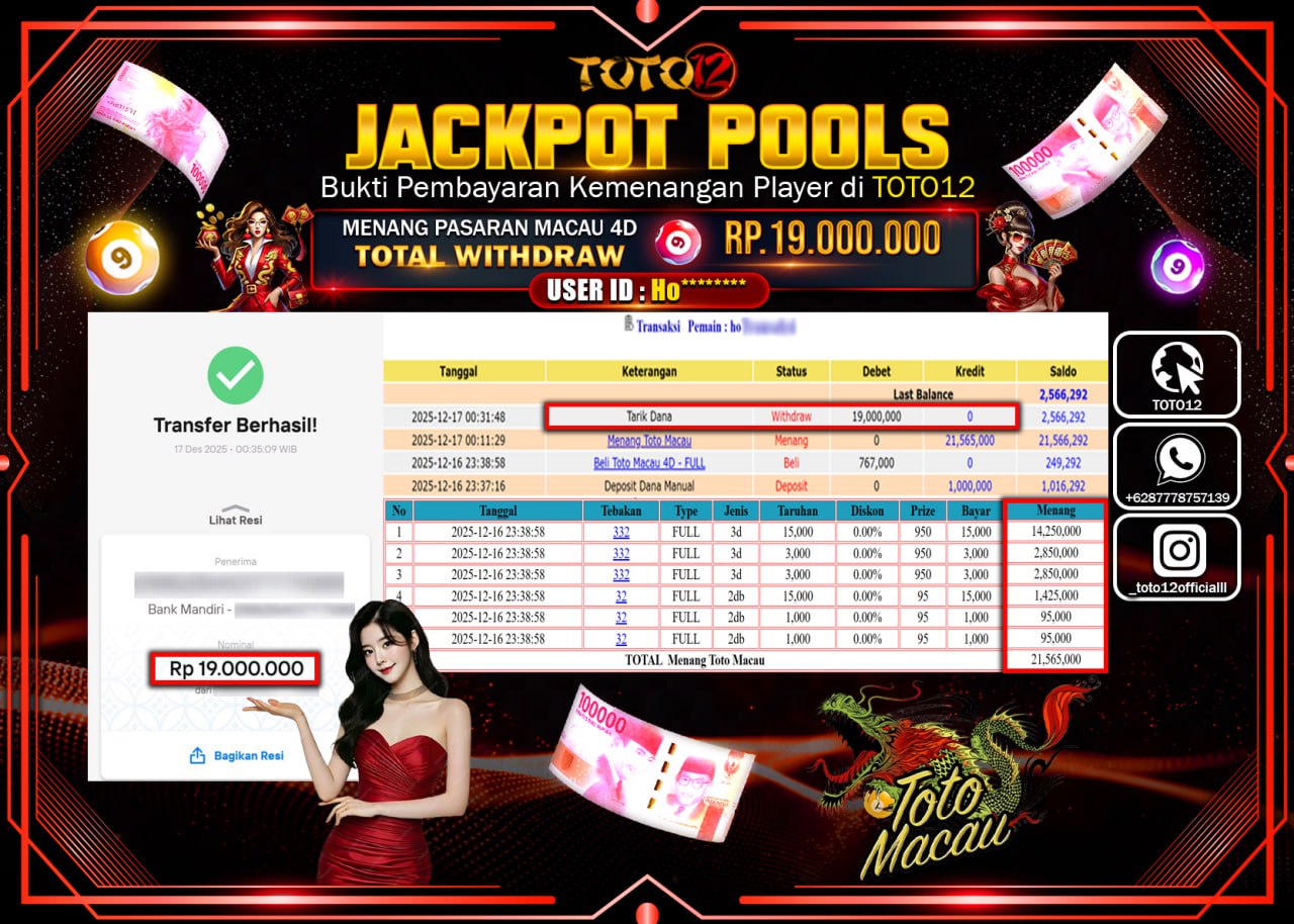 HANYA DI TOTO12 JP PASTI DI BAYAR LUNAS DAN CEPAT!!!!!! JACKPOT POOLS PASARAN (MACAU4D) Rp.19.000.000 !!!!