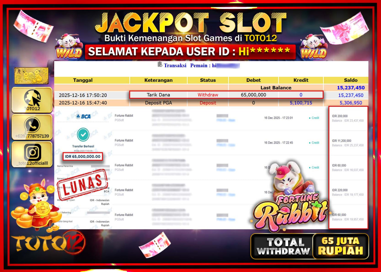 HANYA DI TOTO12 JP PASTI DI BAYAR LUNAS DAN CEPAT!!!!!! JACKPOT SLOT GAME (FORTUNE RABBIT) Rp.65.000.000 !!!!