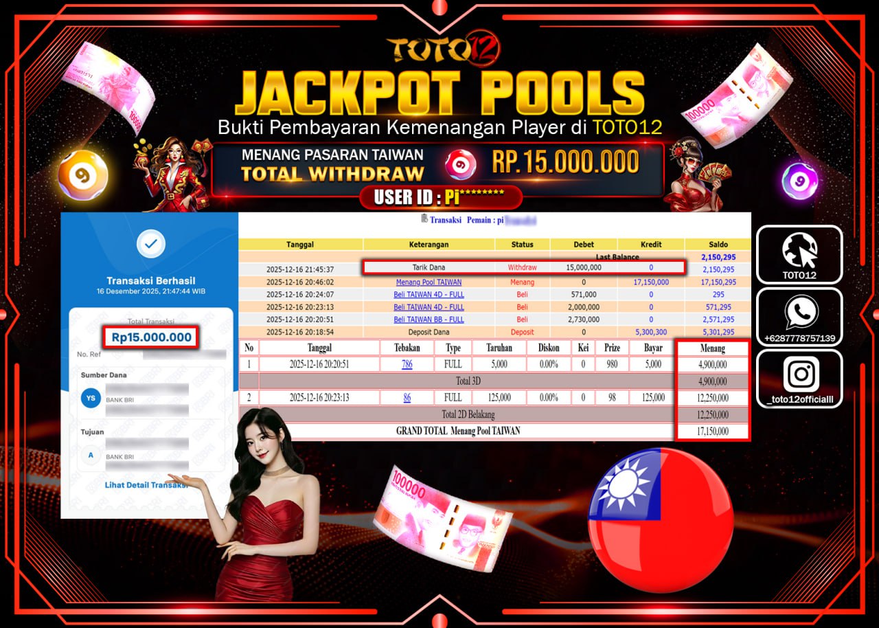 HANYA DI TOTO12 JP PASTI DI BAYAR LUNAS DAN CEPAT!!!!!! JACKPOT POOLS PASARAN (TAIWAN) Rp.15.000.000 !!!!