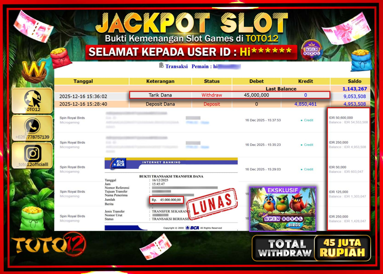 HANYA DI TOTO12 JP PASTI DI BAYAR LUNAS DAN CEPAT!!!!!! JACKPOT SLOT GAME (SPIN ROYAL BIRDS) Rp.45.000.000 !!!!