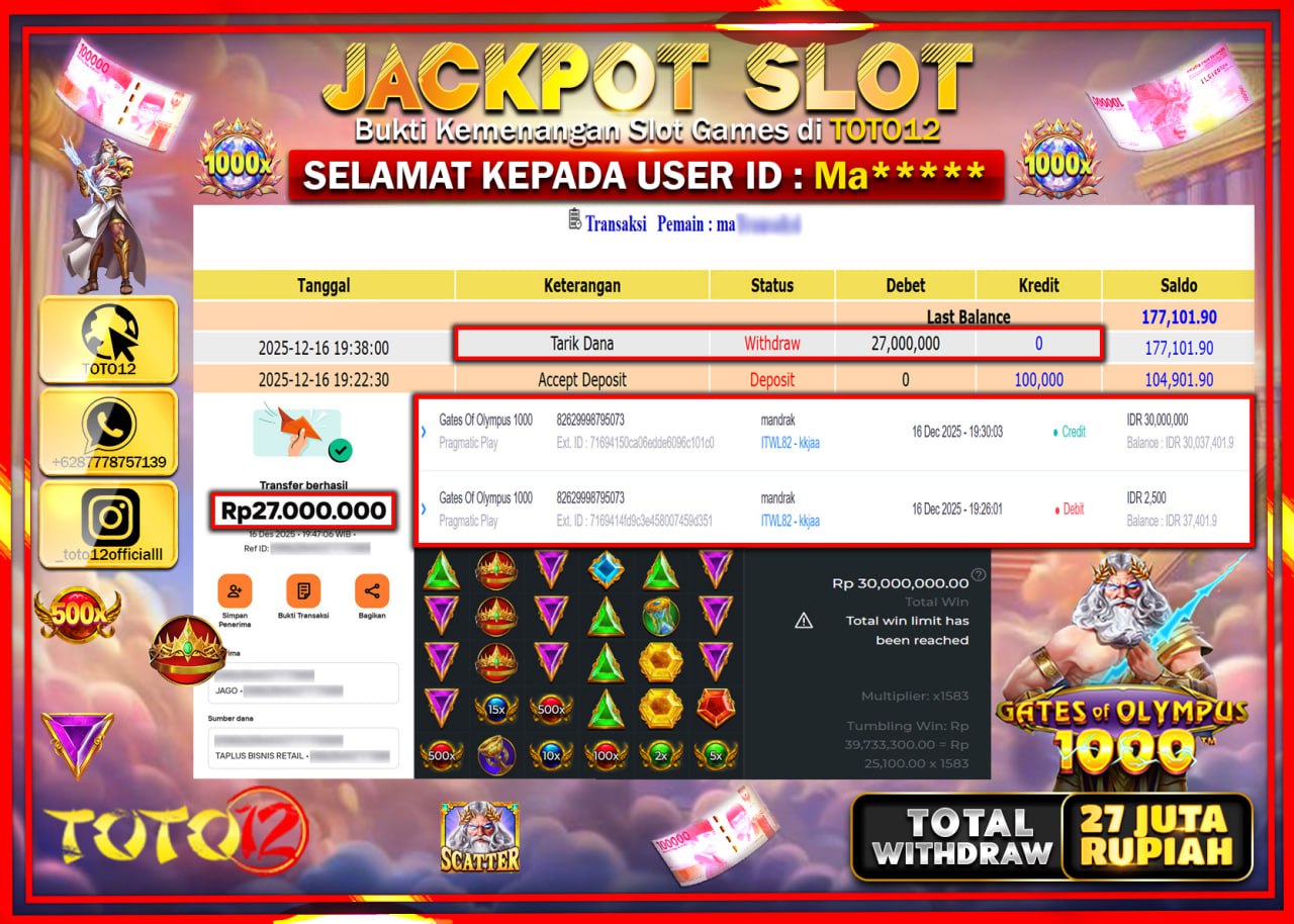 HANYA DI TOTO12 JP PASTI DI BAYAR LUNAS DAN CEPAT!!!!!! JACKPOT SLOT GAME (GATES OF OLYMPUS 1000) Rp.27.000.000 !!!!