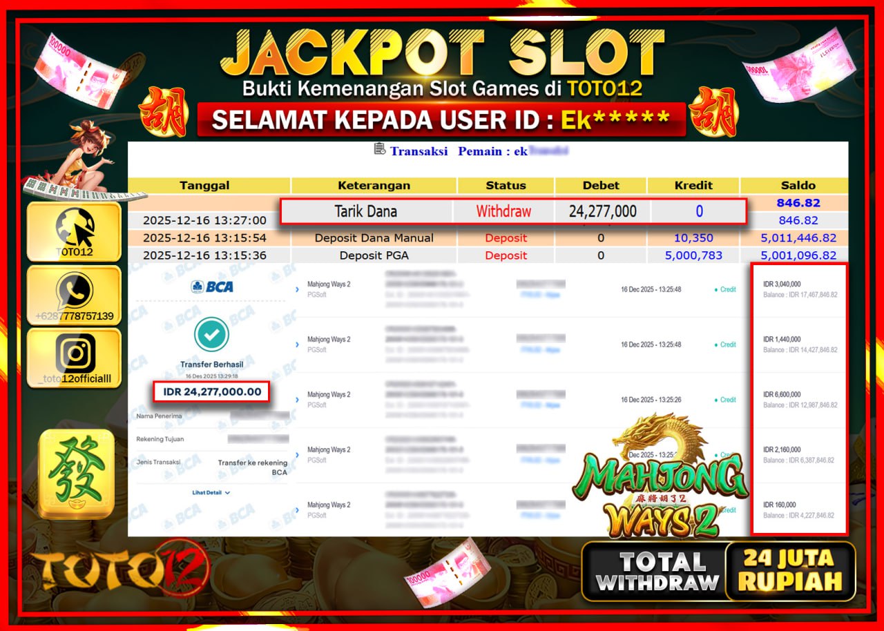HANYA DI TOTO12 JP PASTI DI BAYAR LUNAS DAN CEPAT!!!!!! JACKPOT SLOT GAME (MAHJONG WAYS 2) Rp.24.277.000 !!!!