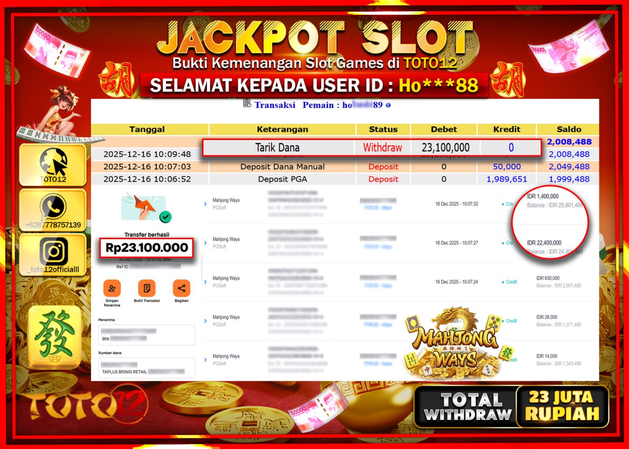 HANYA DI TOTO12 JP PASTI DI BAYAR LUNAS DAN CEPAT!!!!!! JACKPOT SLOT GAME (MAHJONG WAYS) Rp.23.100.000 !!!!