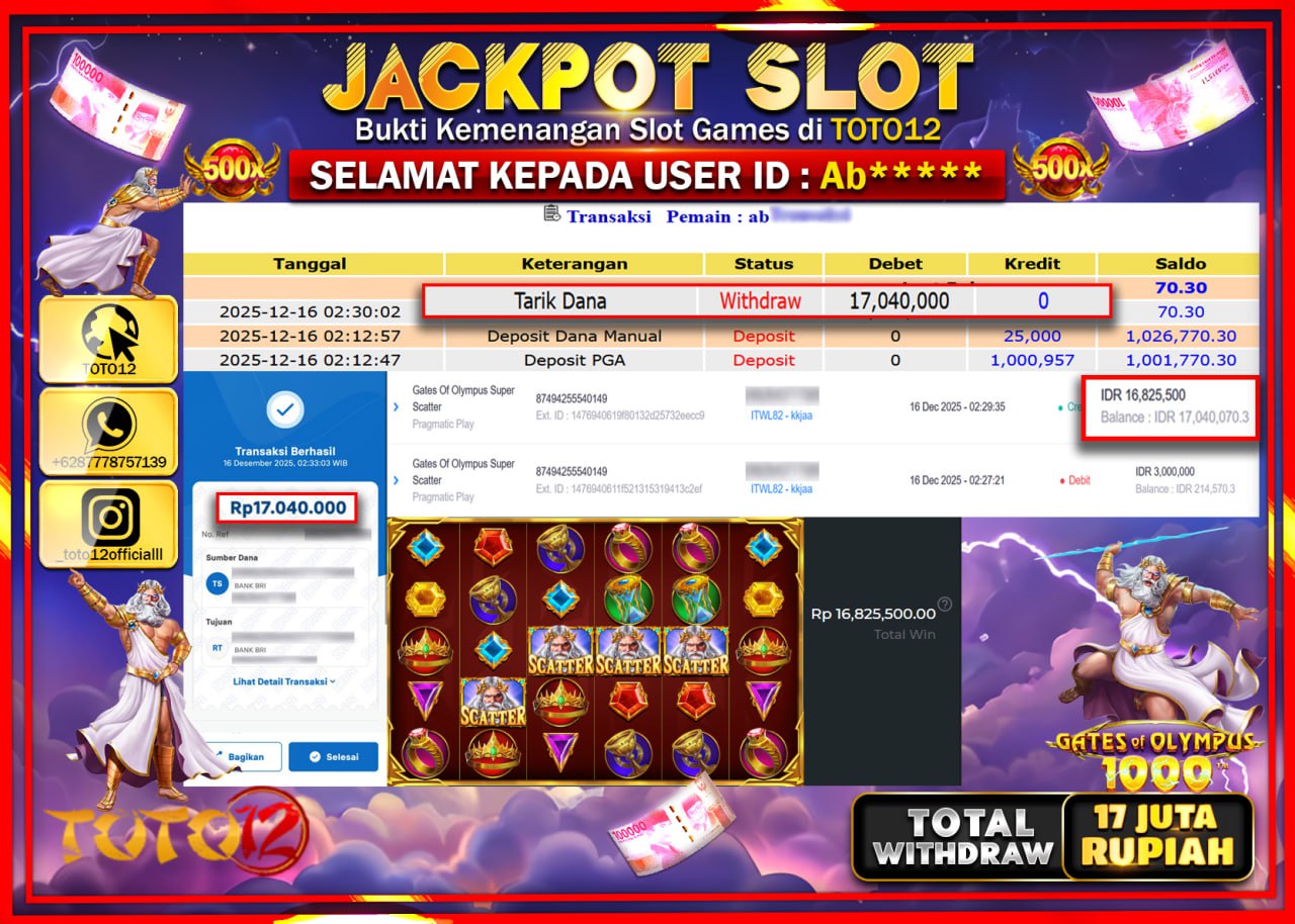 HANYA DI TOTO12 JP PASTI DI BAYAR LUNAS DAN CEPAT!!!!!! JACKPOT SLOT GAME (GATES OF OLYMPUS 1000) Rp.17.040.000 !!!!
