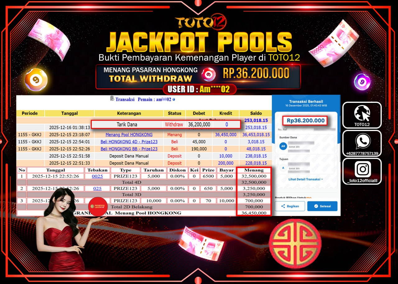 HANYA DI TOTO12 JP PASTI DI BAYAR LUNAS DAN CEPAT!!!!!! JACKPOT POOLS PASARAN (HONGKONG) Rp.36.200.000 !!!!