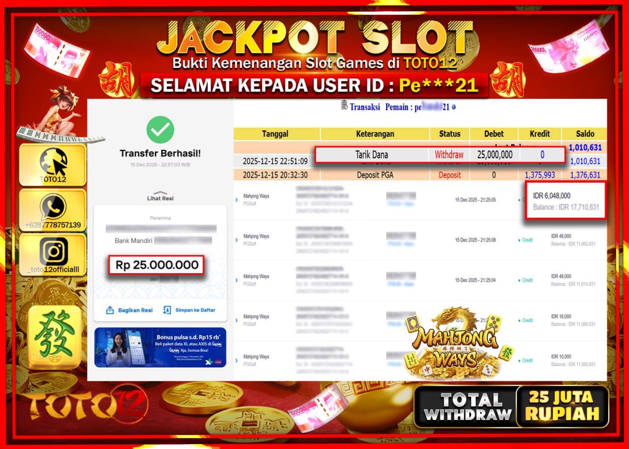 HANYA DI TOTO12 JP PASTI DI BAYAR LUNAS DAN CEPAT!!!!!! JACKPOT SLOT GAME (MAHJONG WAYS) Rp.25.000.000 !!!!