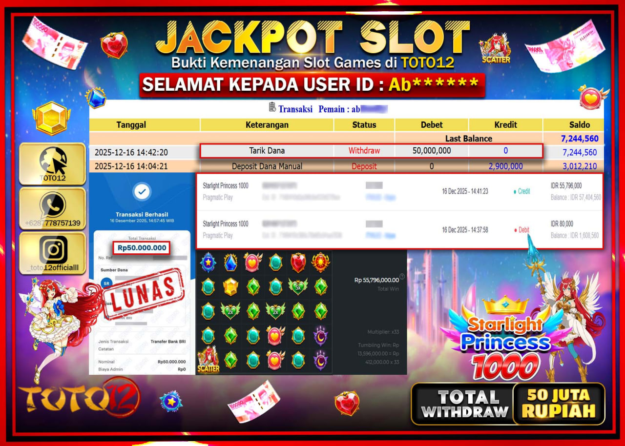 HANYA DI TOTO12 JP PASTI DI BAYAR LUNAS DAN CEPAT!!!!!! JACKPOT SLOT GAME (STARLIGHT PRINCESS 1000) Rp.50.000.000 !!!!