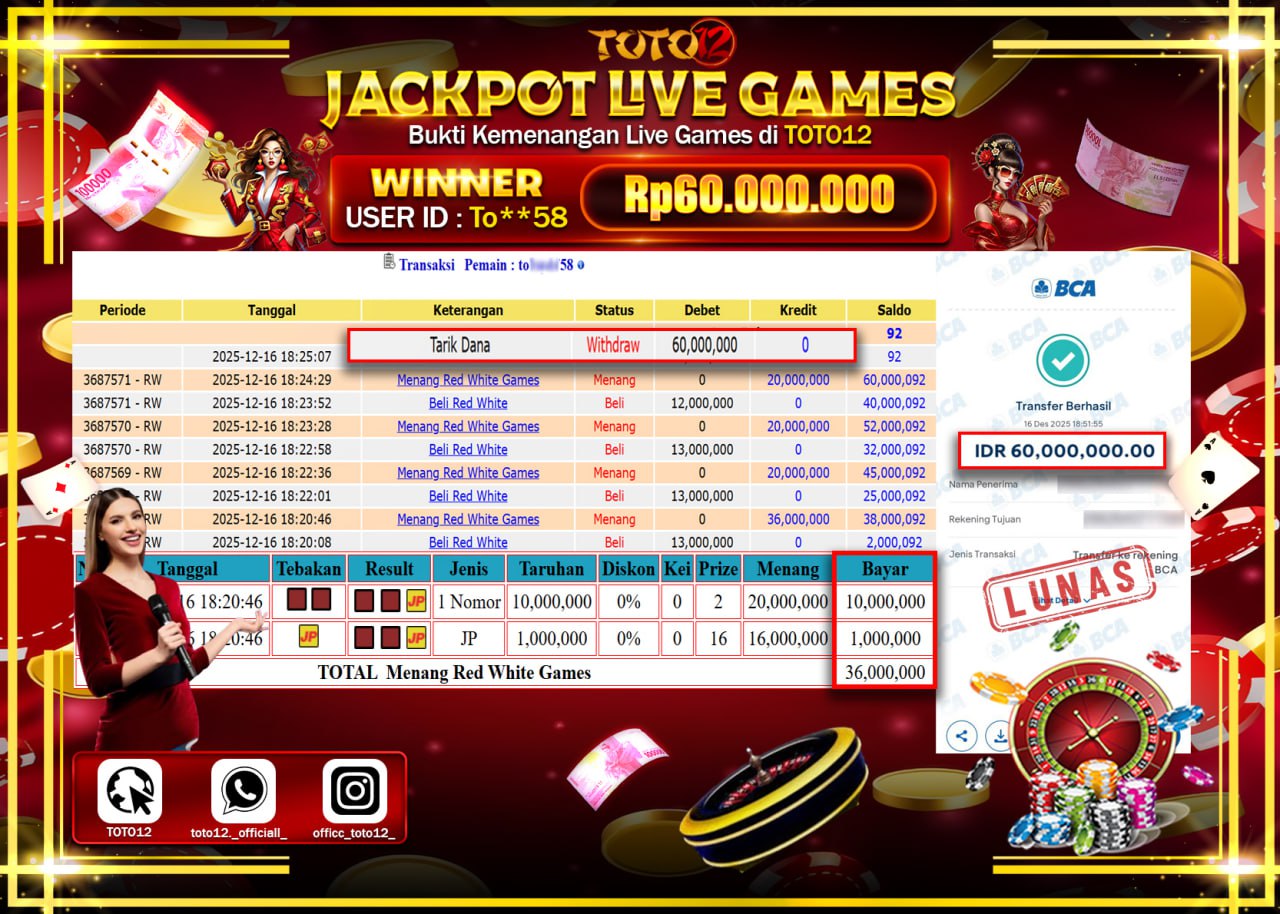 HANYA DI TOTO12 JP PASTI DI BAYAR LUNAS DAN CEPAT!!!!!! JACKPOT LIVE GAMES CASINO (RED WHITE) Rp.60.000.000 !!!!