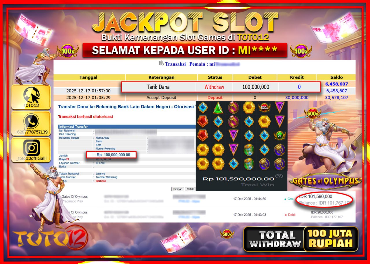 HANYA DI TOTO12 JP PASTI DI BAYAR LUNAS DAN CEPAT!!!!!! JACKPOT SLOT GAME (GATES OF OLYMPUS) Rp.100.000.000 !!!!