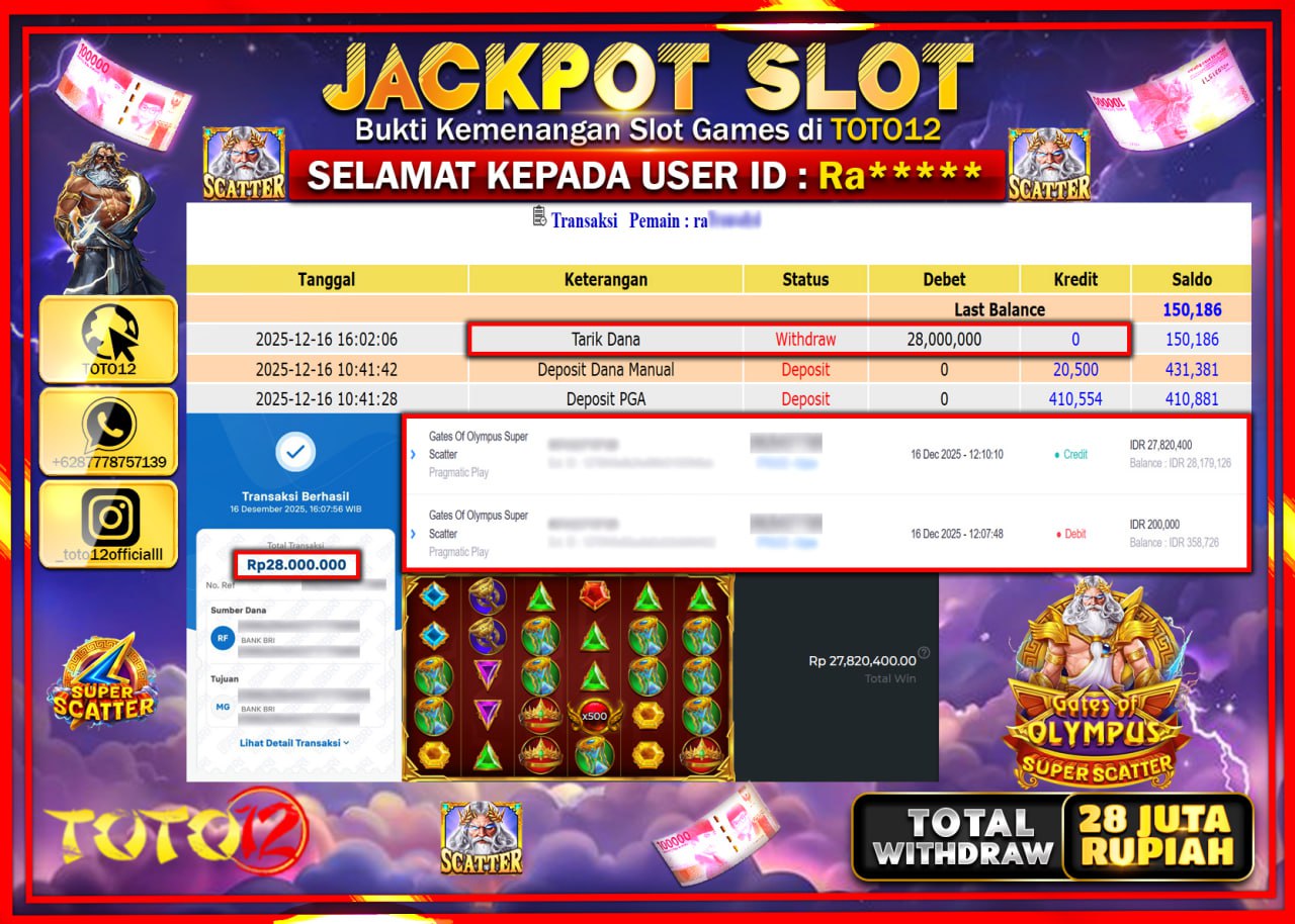 HANYA DI TOTO12 JP PASTI DI BAYAR LUNAS DAN CEPAT!!!!!! JACKPOT SLOT GAME (GATES OF OLYMPUS SUPER SCATTER) Rp.28.000.000 !!!!