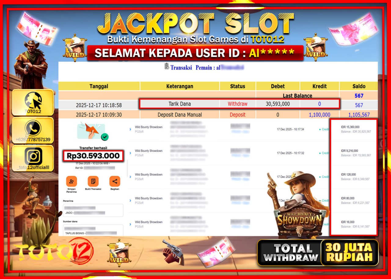 HANYA DI TOTO12 JP PASTI DI BAYAR LUNAS DAN CEPAT!!!!!! JACKPOT SLOT GAME (WILD BOUNTY SHOWDOWN) Rp.30.593.000 !!!!