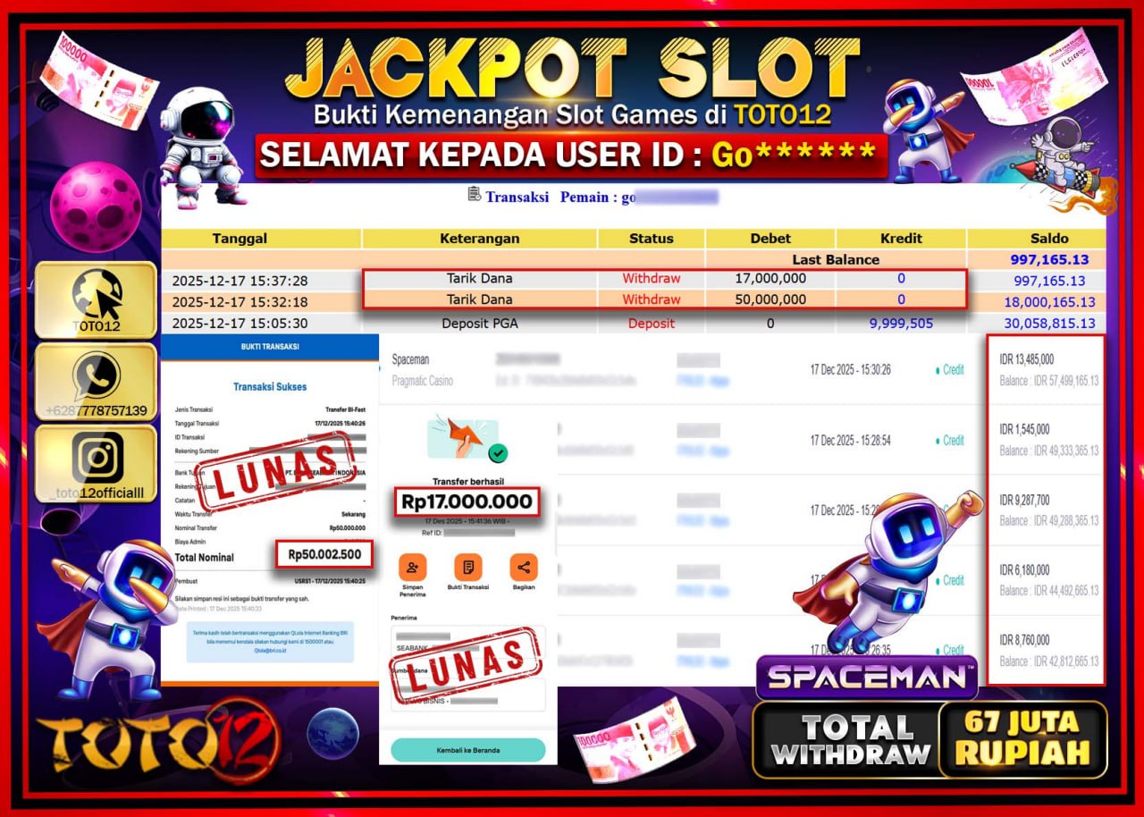 HANYA DI TOTO12 JP PASTI DI BAYAR LUNAS DAN CEPAT!!!!!! JACKPOT SLOT GAME (SPACEMAN) Rp.67.000.000 !!!!