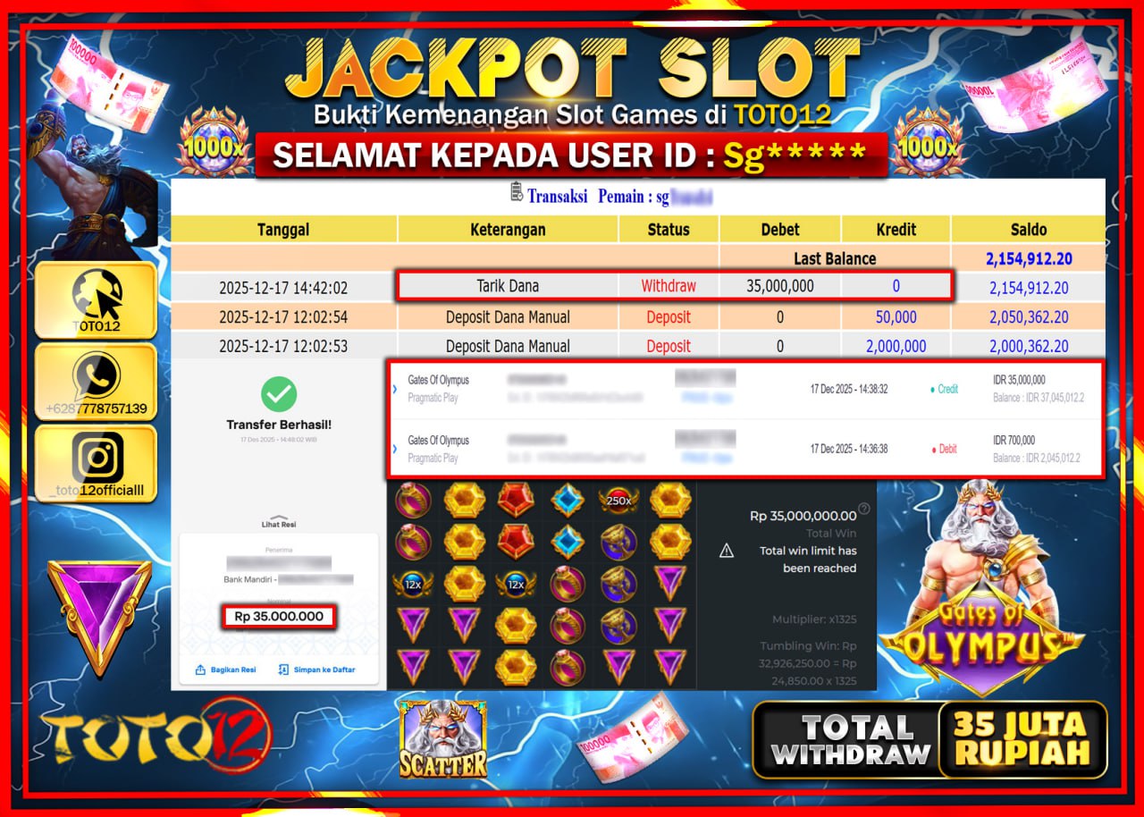 HANYA DI TOTO12 JP PASTI DI BAYAR LUNAS DAN CEPAT!!!!!! JACKPOT SLOT GAME (GATES OF OLYMPUS) Rp.35.000.000 !!!!