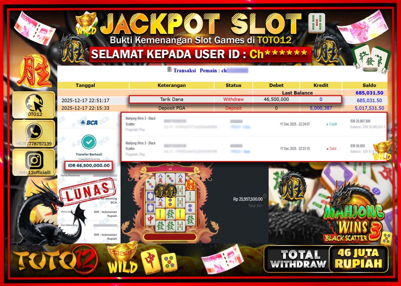 HANYA DI TOTO12 JP PASTI DI BAYAR LUNAS DAN CEPAT!!!!!! JACKPOT SLOT GAME (MAHJONG WINS 3 BLACK SCATTER) Rp.46.500.000 !!!!