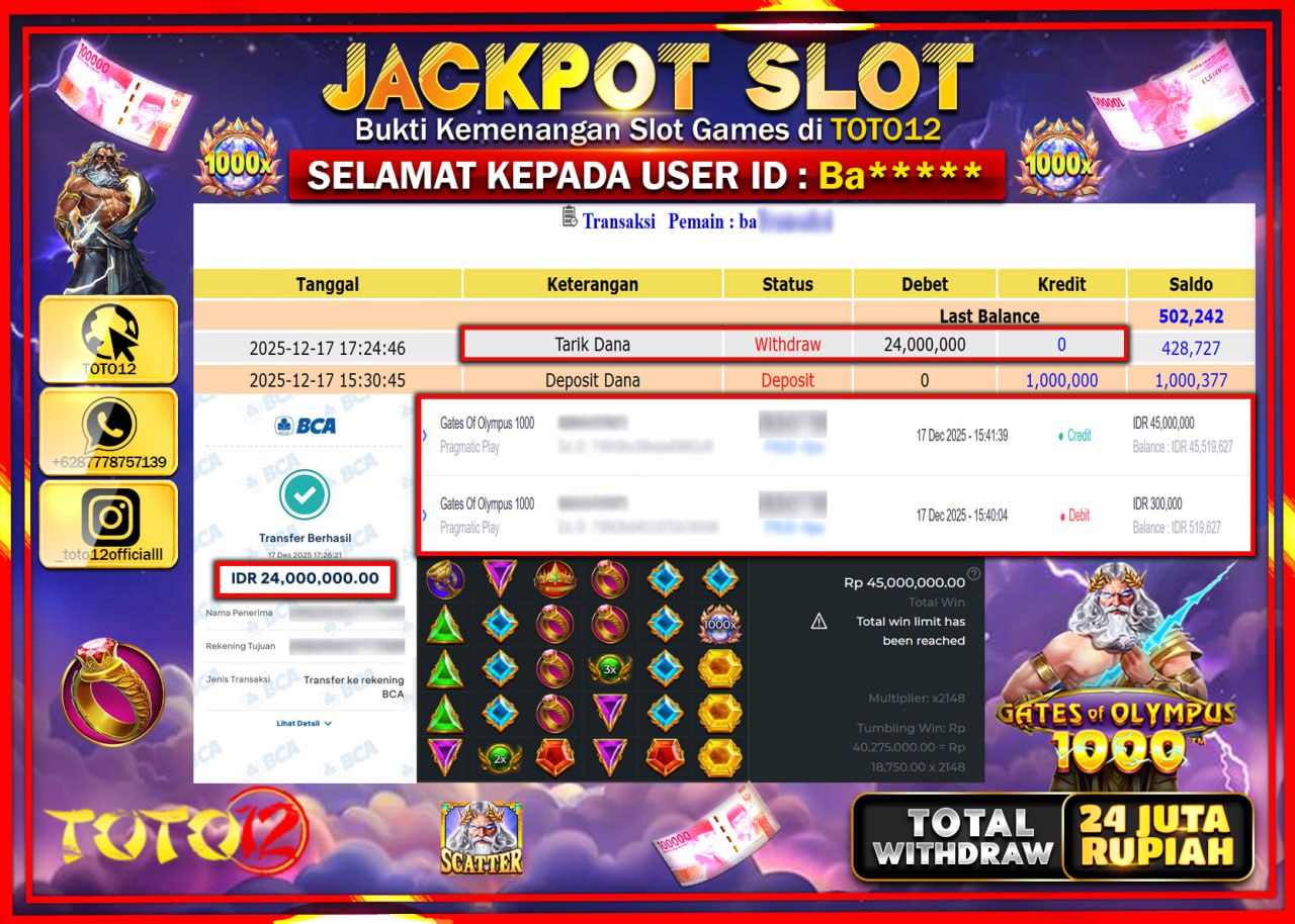 HANYA DI TOTO12 JP PASTI DI BAYAR LUNAS DAN CEPAT!!!!!! JACKPOT SLOT GAME (GATES OF OLYMPUS 1000) Rp.24.000.000 !!!!