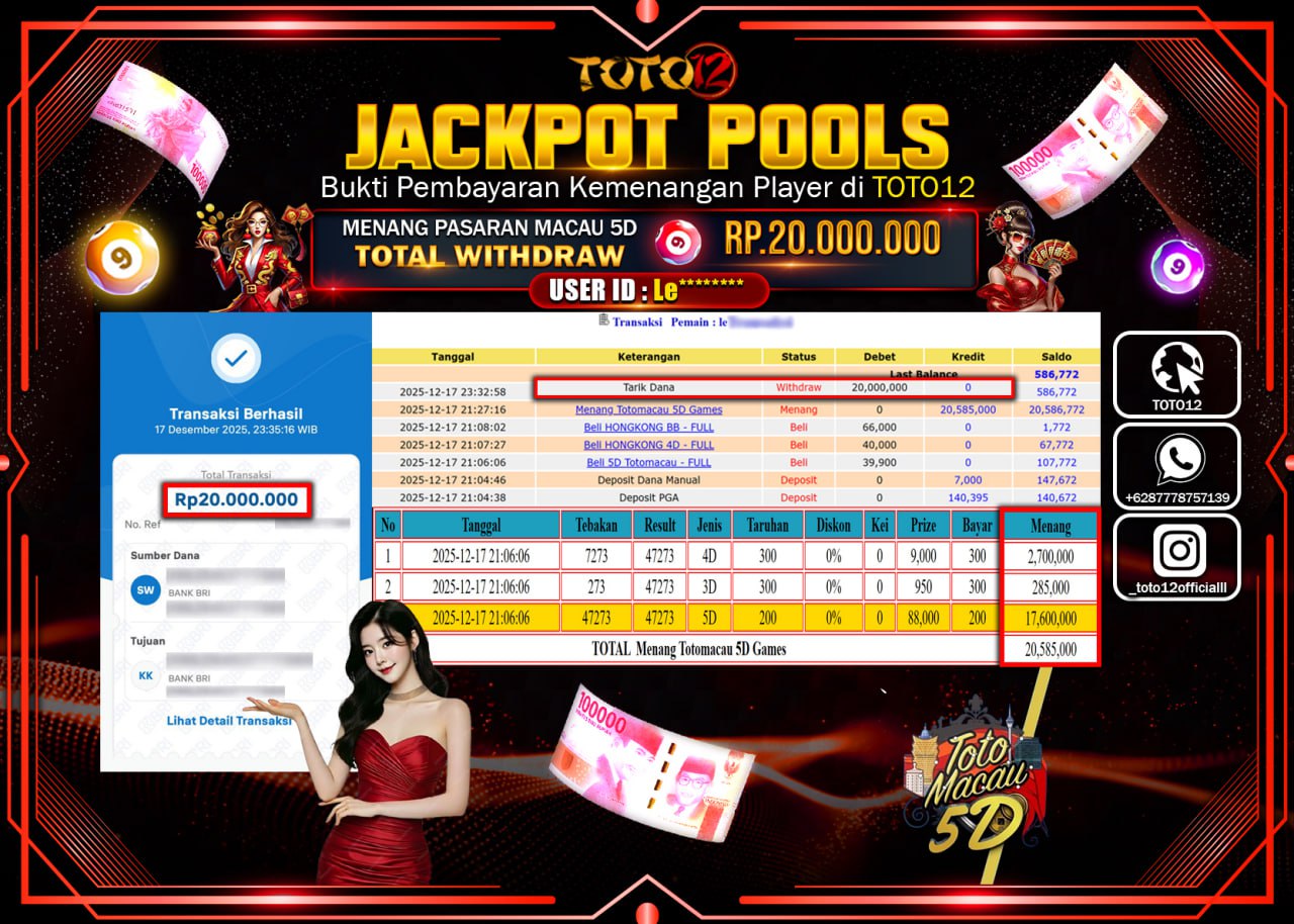 HANYA DI TOTO12 JP PASTI DI BAYAR LUNAS DAN CEPAT!!!!!! JACKPOT POOLS PASARAN (MACAU 5D) Rp.20.000.000 !!!!
