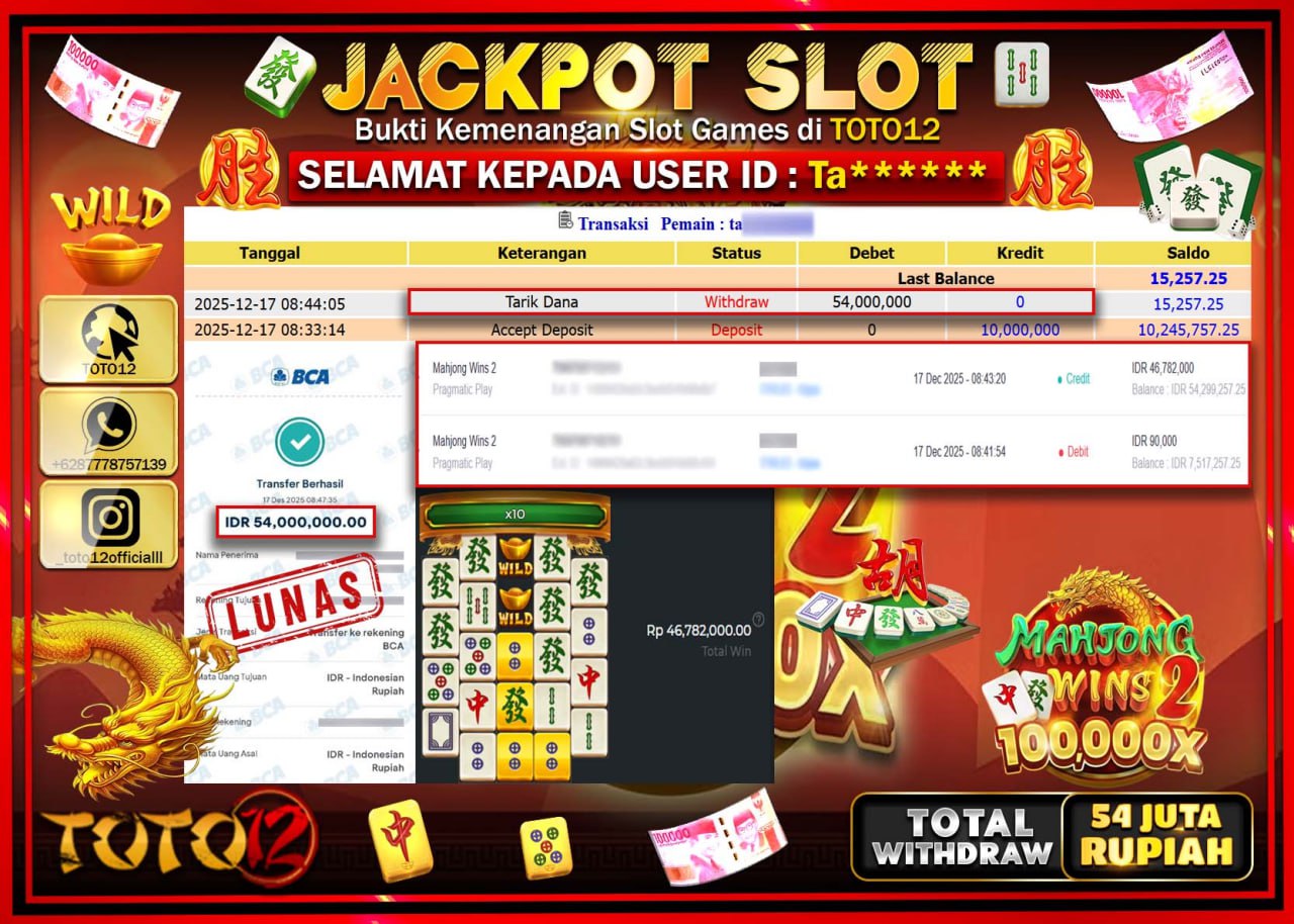 HANYA DI TOTO12 JP PASTI DI BAYAR LUNAS DAN CEPAT!!!!!! JACKPOT SLOT GAME (MAHJONG WINS 2) Rp.54.000.000 !!!!