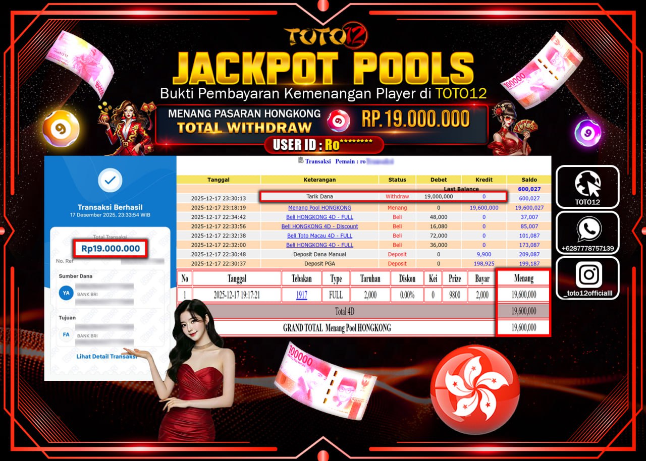 HANYA DI TOTO12 JP PASTI DI BAYAR LUNAS DAN CEPAT!!!!!! JACKPOT POOLS PASARAN (HONGKONG) Rp.19.000.000 !!!!