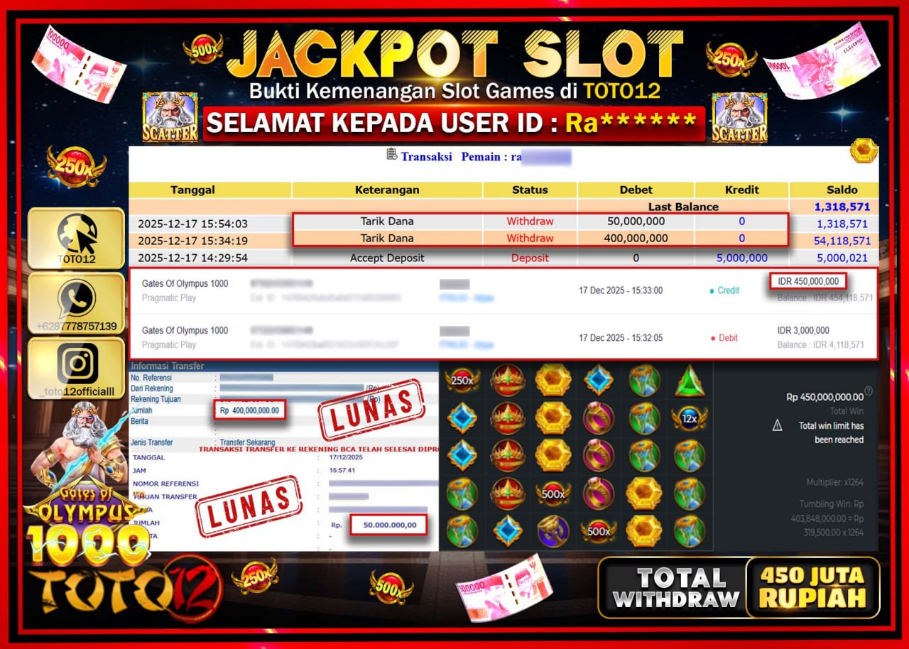 HANYA DI TOTO12 JP PASTI DI BAYAR LUNAS DAN CEPAT!!!!!! JACKPOT SLOT GAME (GATES OF OLYMPUS 1000) Rp.450.000.000 !!!!