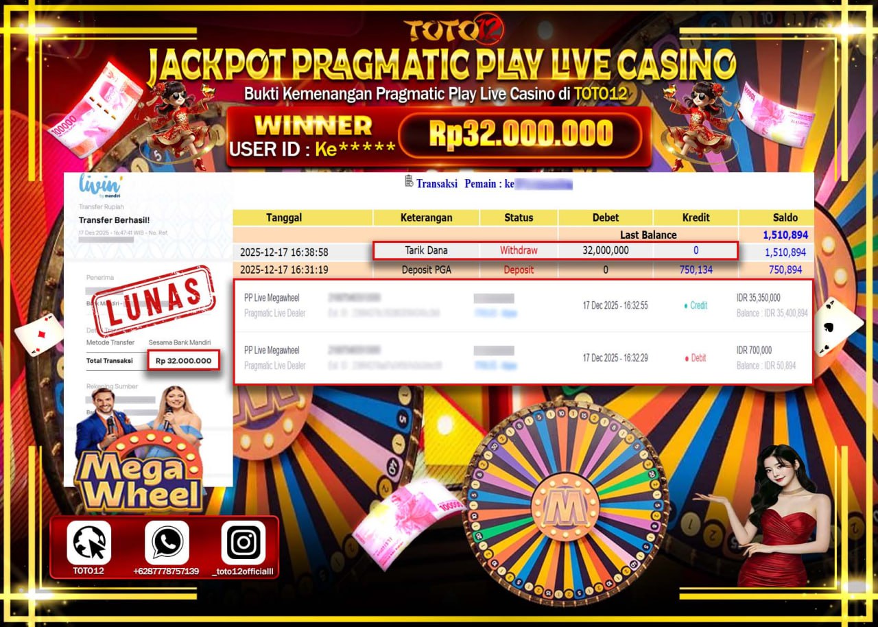 HANYA DI TOTO12 JP PASTI DI BAYAR LUNAS DAN CEPAT!!!!!! JACKPOT PRAGMATIC PLAY LIVE CASINO (MEGA WHEEL) Rp.32.000.000 !!!!